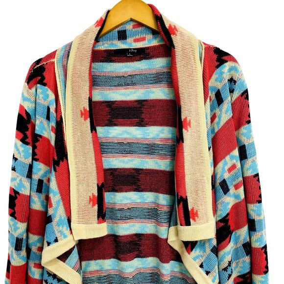 B SHARP Cardigan Women's Size Large Blue Aztec Print Open Front Neutral Boho - Picture 2 of 10